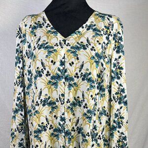 J Jill Bird Floral Print V Neck Blouse Shirt Front Lagenlook Business CottageCor